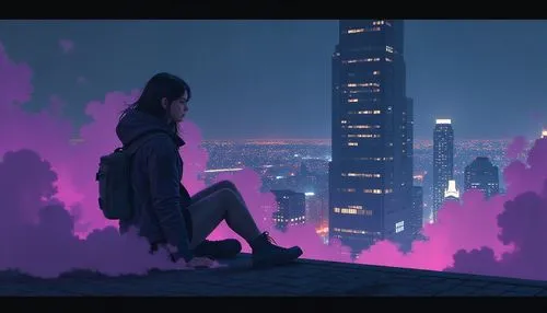 above the city,cyberpunk,cityscape,ultraviolet,city lights,la violetta