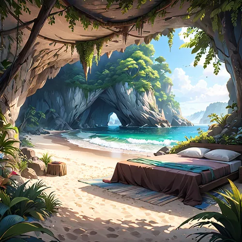 secluded,tropical beach,mountain beach,beach scenery,an island far away landscape,dream beach,castaway beach,tropical island,sea cave,beach landscape,hideaway,monkey island,south seas,sand coast,raised beach,coffee bay,islands,backgrounds,paradise beach,umbrella beach,Anime,Anime,General