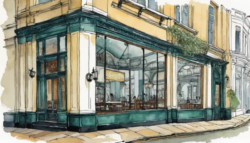 Watercolour and digital illustration of Dishoom Restaurant by Edinburgh Illustrator Sheree Walker,watercolor tea shop,facade painting,watercolor paris shops,store fronts,paris cafe,watercolor cafe,not