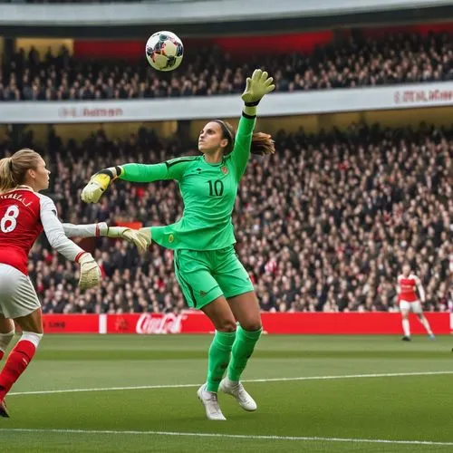 5 meter tall Gabriella, the female Arsenal goalkeeper, saving a shot from a striker. ,a girl in green jumping up to reach a soccer ball,fabianski,szczesny,ospina,stekelenburg,aubameyang,mesut,Photogra