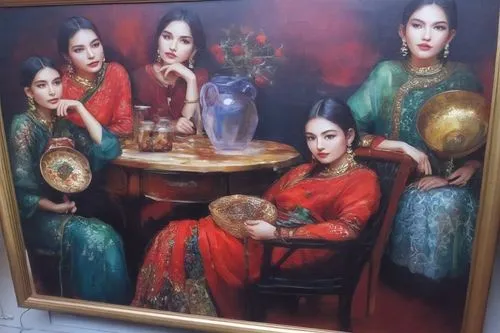 indian art,peranakans,barjatya,prinsep,women at cafe,muharem,peranakan,khokhloma painting,anarkali,kommuna,bohemian art,kapoor,divali,sabyasachi,jahanara,gopis,chughtai,anokhi,sari,oil painting on canvas,Illustration,Paper based,Paper Based 04