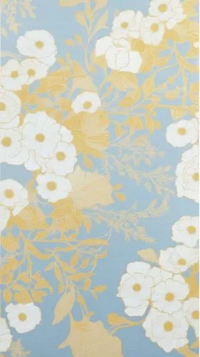 a wallpaper design of flowers,a blue and yellow floral background with a small orange and white flower,kimono fabric,japanese floral background,yellow wallpaper,flower fabric,chrysanthemum background,