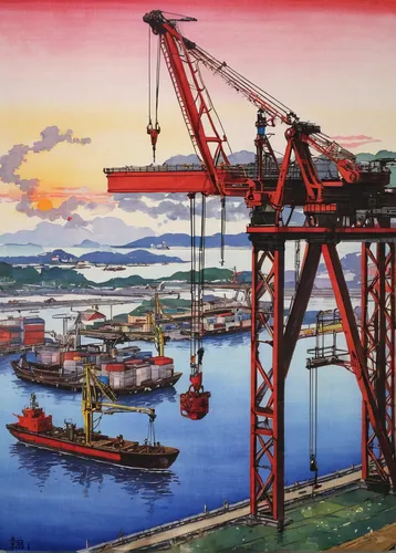 Describe a majestic loading crane in a serene harbor.,container cranes,port cranes,harbor cranes,harbor crane,shipping crane,container crane,arnold maersk,osaka port,container port,container terminal,