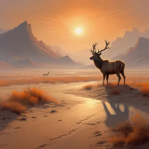 elk,deer illustration,desert landscape,antelope,world digital painting,desert desert landscape,Conceptual Art,Fantasy,Fantasy 01