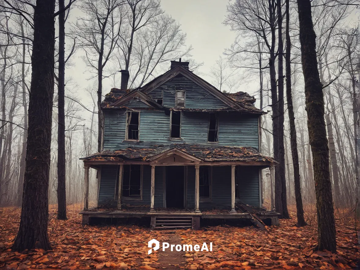 Compose a spooky story based on a photograph of an abandoned house in the middle of a dark forest.,creepy house,abandoned house,witch house,lonely house,house in the forest,witch's house,haunted house