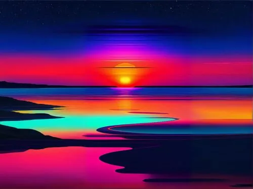 Colourful landscape art,intense colours,colorful water,colorful light,gradient effect,acid lake,colorful background,ultraviolet,iridescent,coast sunset,rainbow waves,light spectrum,afterglow,splendid 