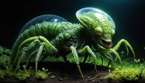 Imagine alien life born out of silicon fragments and extreme high gravity in acid. Living creatures on the groundscape,,alien,amphipoda,water creature,apiarium,invertebrate,arthropod,carnivorous plant