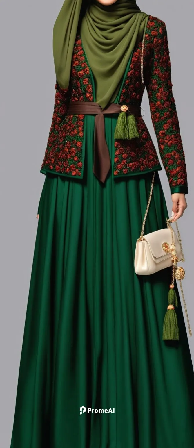 3d fashion drawing of long maxi chic dark green wool abaya for Muslim hejab with roses . with green and dark orange and off white roses and dark green roses and dark green roses and beige reses with p