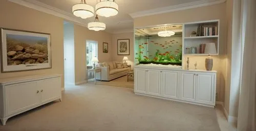 classic style sitting room with wall to wall carpet, wall cabinet with see through fish tank and shelves on the side looking into informal living area with sofa and side table ,mudroom,hallway space,e