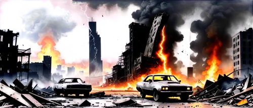 apocalyptic,destroyed city,post-apocalyptic landscape,city in flames,post apocalyptic,war zone,apocalypse,carmageddon,doomsday,fallujah,razed,destruction,cloverfield,apocalypso,detonation,warworld,detonations,pyroclastic,warzone,apocalypses,Art,Artistic Painting,Artistic Painting 43