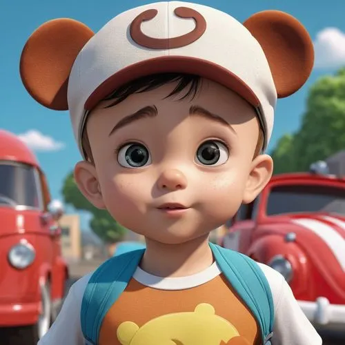 cool cartoon character theme is UP movie ,a child standing next to two vintage cars and smiling at the camera,cute cartoon character,cheburashka,soffiantini,topolino,theodore,babyfirsttv,umbo,tadashi,