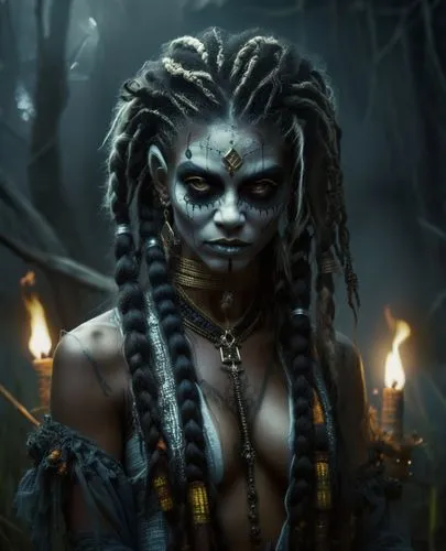 an elegant black voodoo witch, with dreadlocked hair half white and half black, performing a ritual in the swamps of New Orleans at night in the style of Tim Bradstreet,maliana,voodoo woman,vodun,witc