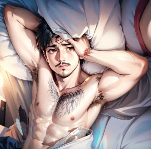 laying, on bed, shirtless, Ryan Garcia,  sleepy eyes, hairy armpits,there is a man that is shirtless laying in bed,tony stark,hawke,araullo,joji,hanzo,oberthur,Anime,Anime,General