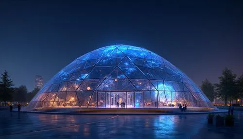 Geodesic dome, futuristic planetarium, sleek metal fa\u00e7ade, angular lines, minimalist design, vibrant LED lights, starry night sky projections, celestial body installations, interactive exhibits, 