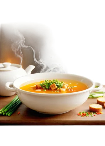 Steaming hot bowl, savory soup, white ceramic, rounded edges, golden broth, green onions, crispy croutons, sprinkle of paprika, solo, still life, warm lighting, shallow depth of field, 3/4 composition