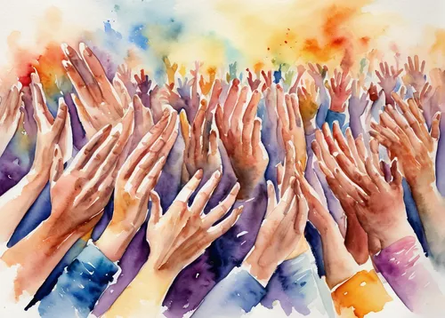 Clapping hands at a lively concert.,watercolor hands,raised hands,watercolor background,hand digital painting,unity in diversity,volunteerism,helping hands,watercolor painting,arms outstretched,global