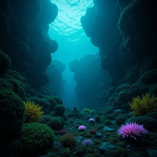 Mysterious underwater scene, dark cyan hue, neon accents, bioluminescent organisms, coral reefs, seaweed sways, oceanic textures, subtle gradient effects, mystical ambiance, 1/2 composition, cinematic