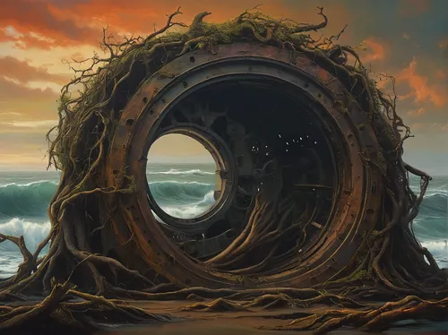 uprooted,flotsam and jetsam,knothole,time spiral,maelstrom,crooked forest,shipwreck,sunken ship,fantasy landscape,flotsam,fantasy art,old earth,erosion,ringed-worm,sea fantasy,porthole,wormhole,wave wood,druid stone,an island far away landscape,Photography,General,Natural