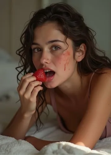 woman eating apple,strawberry,strawberry ripe,girl in bed,red strawberry,strawberries,Photography,Documentary Photography,Documentary Photography 21