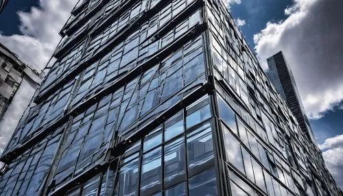 Modern skyscraper, metallic latticework façade, intricate steel beams, silver aluminum frames, reflective glass windows, sleek chrome accents, urban cityscape, cloudy day, dramatic backlight, high-ang