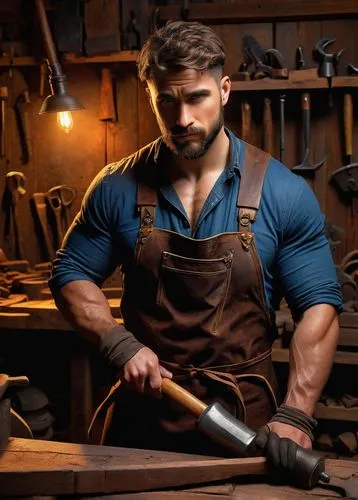 blacksmith,woodworker,lumberjax,blacksmiths,blacksmithing,a carpenter,woodcutter,lumberjack,carpenter,craftsman,wolverine,plumber,gunsmithing,caulder,woodworkers,lumberjack pattern,knifemaker,handyman,bunyan,magomed,Illustration,Realistic Fantasy,Realistic Fantasy 26