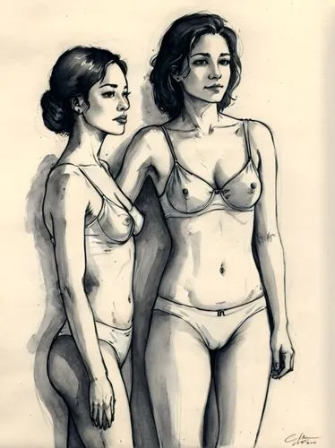 Ink drawing of some beautiful women who stand next to a bed,drawing of two females in underwear, one in an image,chicanas,female body,maillol,two girls,burkinabes,mujeres,Illustration,Paper based,Pape