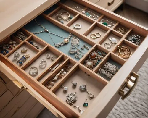 Modern, sleek, wooden drawer, open, revealing organized interior, multiple small compartments, jewelry tray, velvet-lined, silver handles, ornate metal knobs, softbox lighting, 3/4 composition, shallo