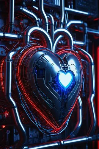 Cybernetic heart, futuristic, mechanical, glowing blue lines, intricate circuits, steel chest plate, wires, tubes, pulsing red lights, metallic sheen, industrial background, dark ambiance, high-tech l