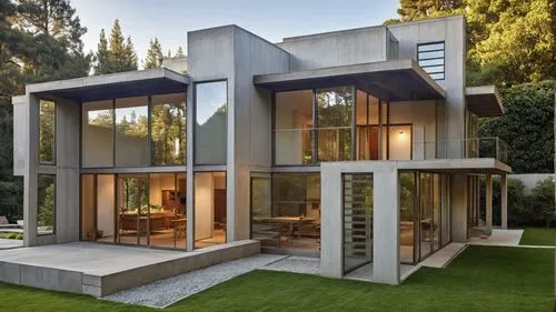 a house that has a lawn area in front of it,cubic house,modern house,modern architecture,cube house,mirror house,frame house,Photography,General,Realistic