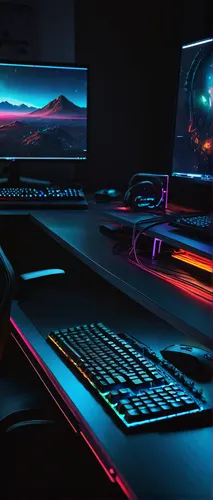 computer desk,neon arrows,desk top,computer workstation,computer game,desk,computer art,fractal design,computer graphics,neon,pc,desktop computer,neon light,neon ghosts,lan,colored lights,atari,lures and buy new desktop,black light,neon lights,Illustration,Paper based,Paper Based 18