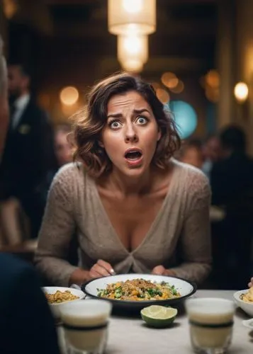 A surprised look during a meal,a woman sitting in front of a plate with food on it,appetite,restauranteur,scared woman,restaurants,scherfig,antipasta,waitress,woman eating apple,banquets,dinnerstein,t