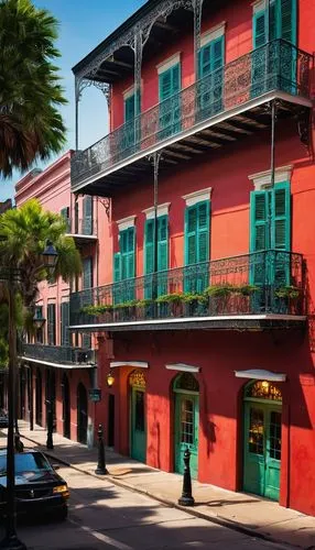 french quarters,sanjuan,ybor,san juan,new orleans,rowhouses,colorful facade,row houses,nola,altamonte,neworleans,guantanamera,mainieri,mizner,townhouses,antigua,lauderdale,old havana,dumaine,las olas suites,Illustration,American Style,American Style 11