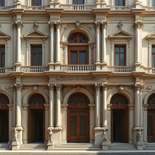 Ornate facade, grand entrance, symmetrical composition, classical columns, arched windows, ornamental carvings, rusticated stone walls, subtle color palette, warm golden lighting, Italian Renaissance 