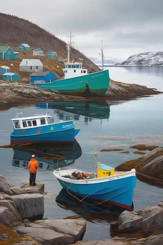 Imagine a futuristic Newfoundland where advanced technology coexists with traditional fishing communities.,fishing boats,newfoundland,fishing village,capelin,fisherman's hut,commercial fishing,fishing