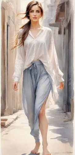 woman walking,girl walking away,photo painting,oil painting,shalwar,margairaz,rotoscoping,watercolor painting,girl in a historic way,oil painting on canvas,naina,rotoscoped,anfisa,hansika,italian painter,world digital painting,eretria,striding,young model istanbul,eleftheria,Digital Art,Watercolor