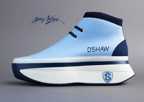 Light blue sock upper high top sneaker, navy accent color, DSHAW stitched logo, embossed shield DS logo on sole, pebbled leather heel cap, white sole with navy trim,Hi-top custom slip-on sneaker 3,dsw