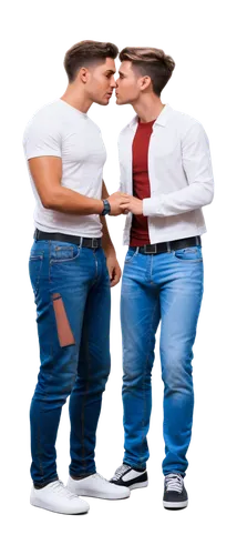 Two men, intimate embrace, tender kiss, soft facial features, gentle smiles, fit physique, modern hairstyles, stylish clothing, casual wear, jeans, white shirts, sneakers, warm skin tones, subtle make