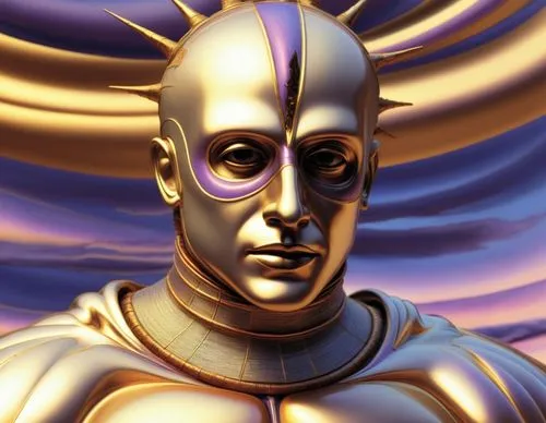 a stylized picture shows the head of a man with spikes in his hair,golden mask,gold mask,goldust,goldtron,tutankhamun,cyberman,Illustration,Realistic Fantasy,Realistic Fantasy 33