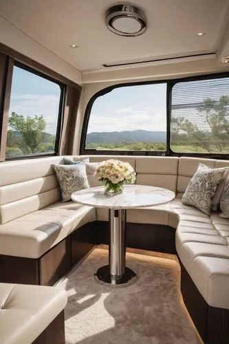 Modern RV interior design, luxurious living room, sleek lines, minimalist decor, large windows, natural light pouring in, plush sectional sofa, velvet upholstery, chrome legs, ambient floor lamp, wood