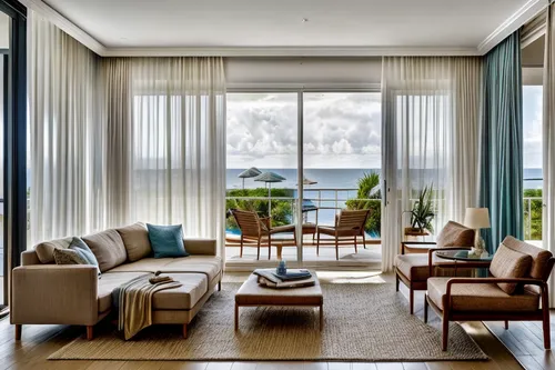 Living room with moving curtains and ocean view,contemporary decor,livingroom,luxury home interior,fisher island,sitting room,window treatment,interior modern design,modern decor,mid century modern,li