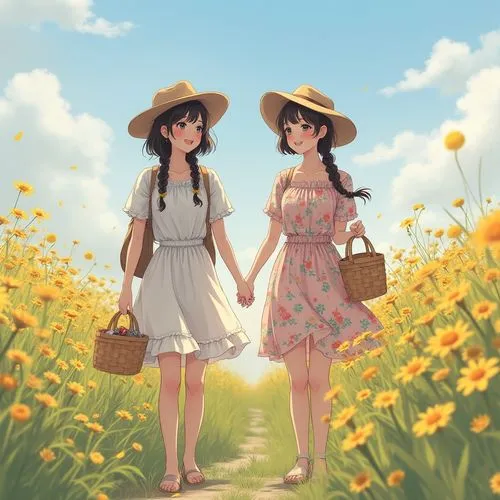 two young ladies are holding hands as they walk through a field,wlw,giaimo,cute cartoon image,walking in a spring,summer day,susans,Photography,General,Realistic