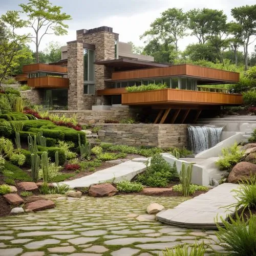 rumah dengan taman dan kolam ikan yang indah,the modern residence is surrounded by rocks and a waterfall,landscape design sydney,landscape designers sydney,fallingwater,landscaped,mid century house,la