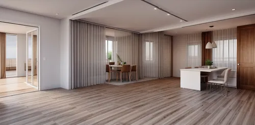 White sandy Tiled floor, 120x120cm format. Curtains to the door. ,3d rendering,modern room,hallway space,render,laminate flooring,wood flooring,room divider,interior modern design,core renovation,kitc