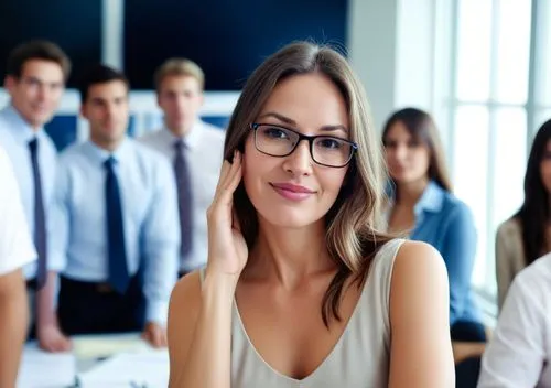 woman in a office surrounded by people,a business woman wearing glasses in a group,correspondence courses,channel marketing program,blur office background,traineeships,employments,human resources