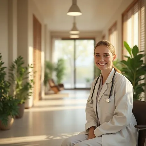 Natural clinic interior, abundant natural light, floor-to-ceiling windows, wooden blinds, minimalist modern furniture, green plants, calm atmosphere, doctor in white coat, stethoscope around neck, gen