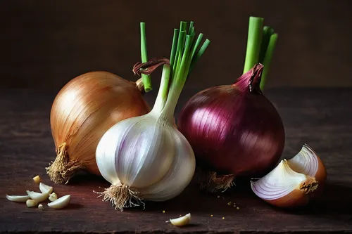 Onions and Garlic by Sue Foell, OPA,still life with onions,onion bulbs,persian onion,red onion,red garlic,white onions,pearl onion,bulgarian onion,garlic bulbs,clove garlic,cultivated garlic,welsh oni