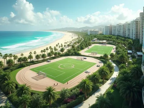 soccer field,tropico,south beach,hainan,football pitch,palmbeach,condado,residencial,mzt,beach volleyball,copacabana,cuba background,fisher island,xiamen,footvolley,baseball diamond,sobe,waikiki,ko olina resort,renderings,Photography,General,Realistic