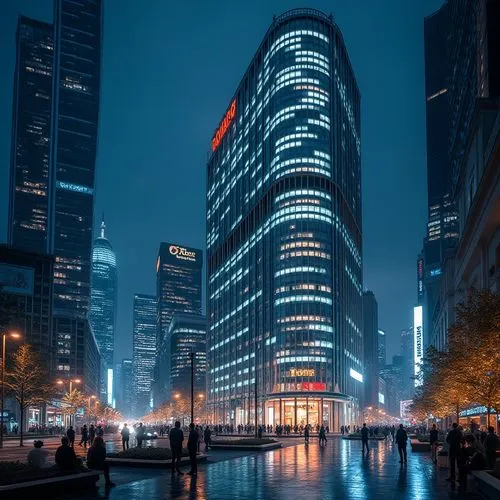 Modern high-rise office building, commercial district, bustling city, sleek glass facade, metallic framework, LED lights illuminating at night, towering skyscraper, crowded streets, busy pedestrians, 