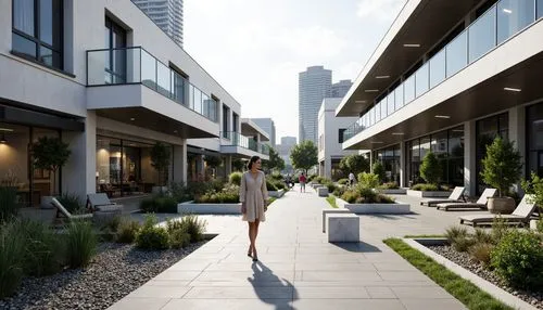 Sleek shopping center, minimalist architecture, clean lines, monochromatic color scheme, industrial materials, polished concrete floors, steel beams, floor-to-ceiling windows, natural light, urban sur