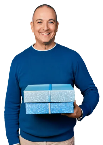 Middle-aged man, father, happy smile, kind eyes, short hair, casual wear, holding gift box, surrounded by family photos, warm lighting, shallow depth of field, 3/4 composition, soft focus, gentle atmo